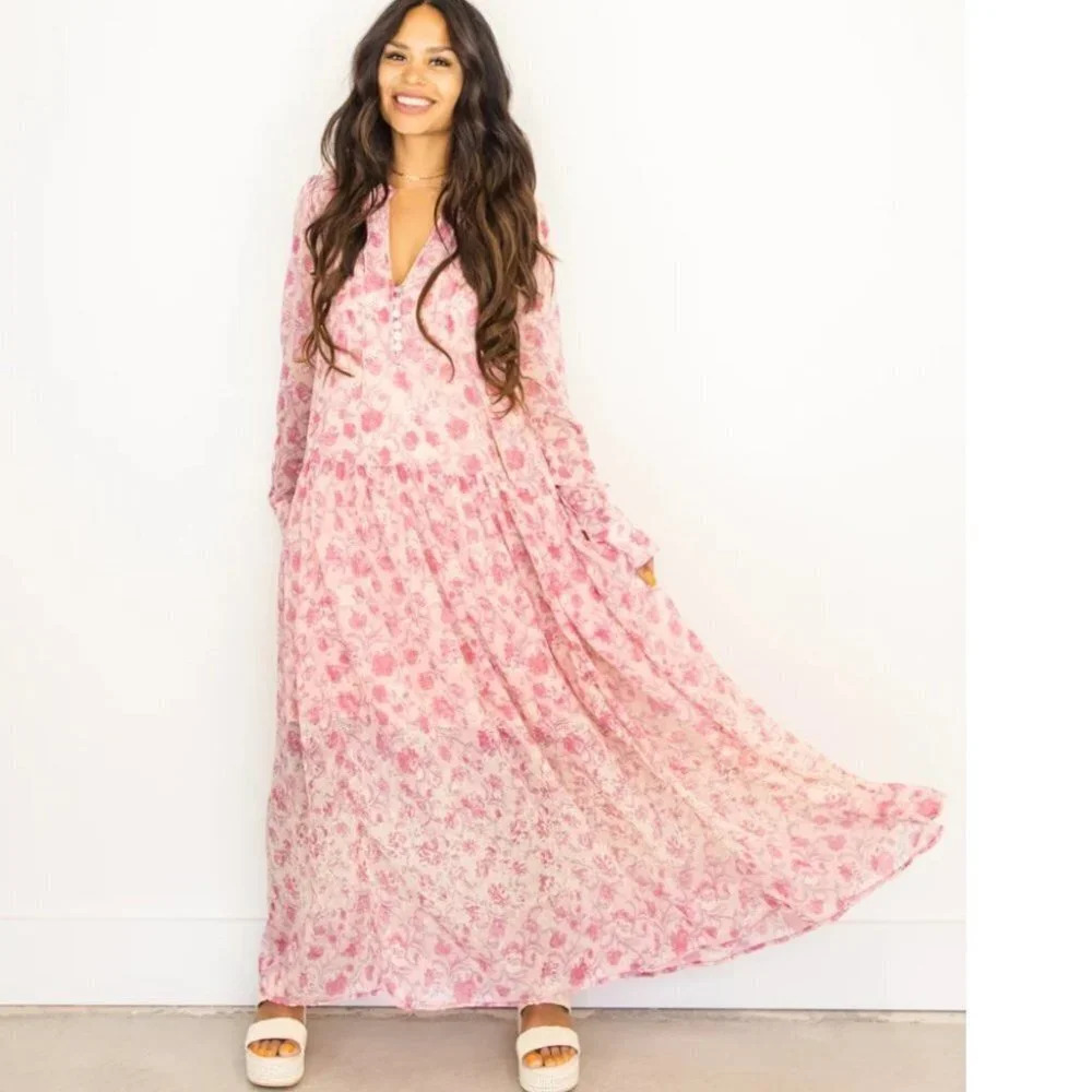 Free People See It Through Maxi Dress Pink Rose Combo NWT Size XS